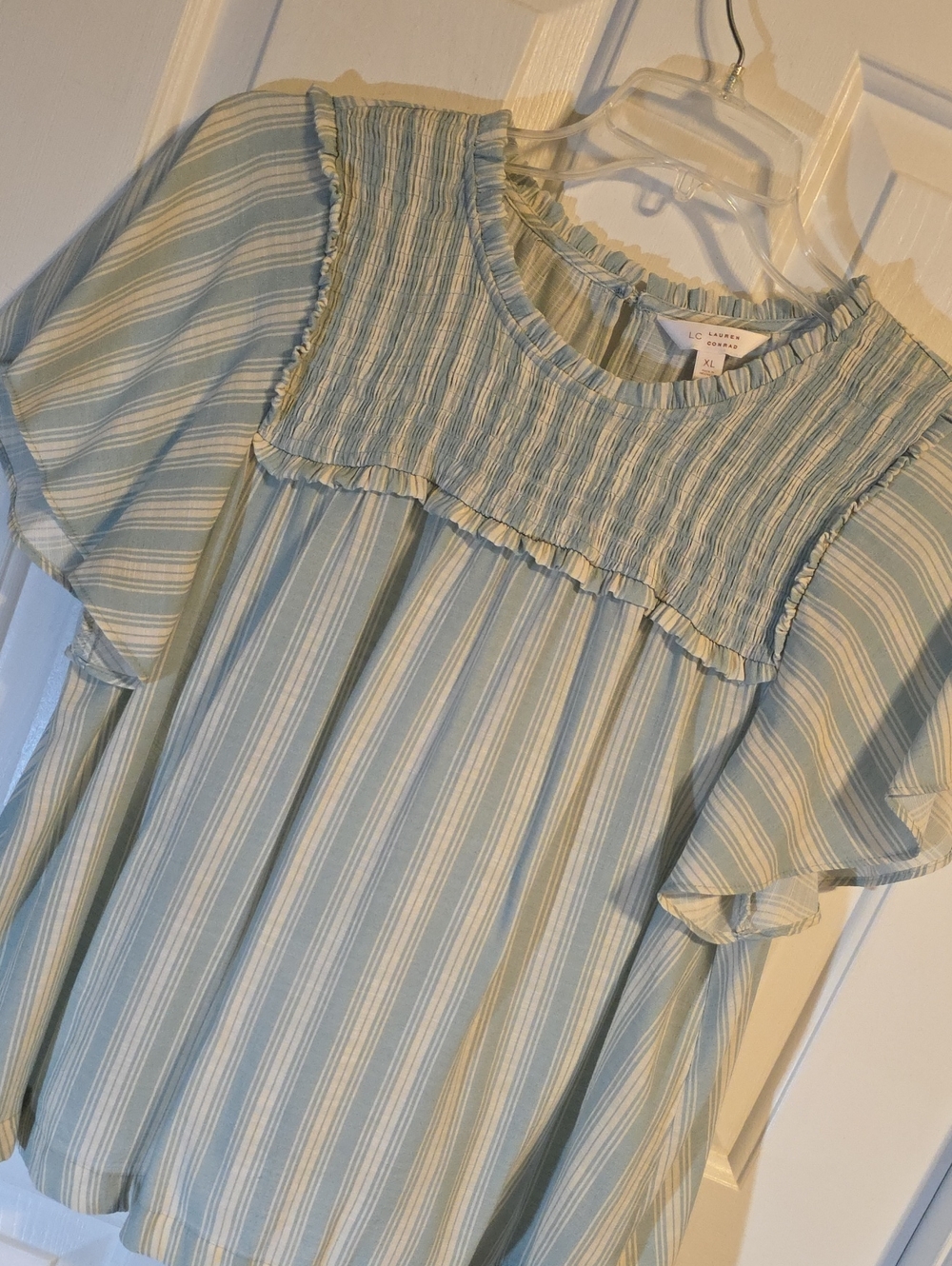 LC Lauren Conrad Light Blue & White Striped Smocked Yoke Flutter Sleeve Blouse